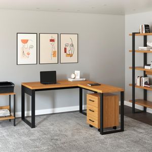 Mesa De Canto 135X158Cm Para Escritorio Industrial F22 Freijó E Preto Fosco Pradel Móveis