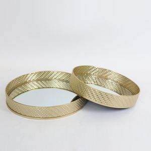 Conjunto 2 Bandeijas Redondas Douradas Com Relevo Espelhadas 30X5CM E 35X5CM Hasiera